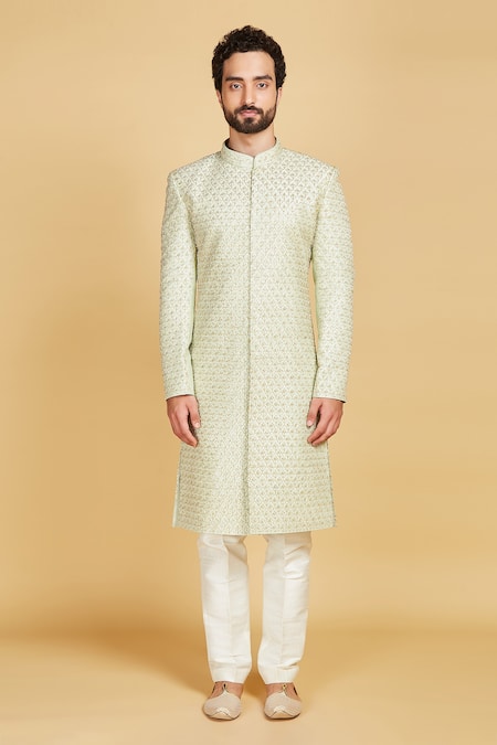 Amrin Khan_Green Raw Silk Floral Hand Embroidered Tile Sherwani Set _Online_at_Aza_Fashions