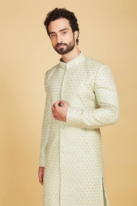 Buy_Amrin Khan_Green Raw Silk Floral Hand Embroidered Tile Sherwani Set _Online_at_Aza_Fashions