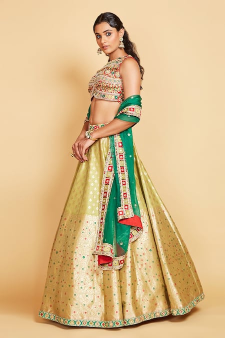 Amrin Khan_Green Lehenga Banarasi Silk Hand Embroidered Flower Blouse Set  _Online_at_Aza_Fashions