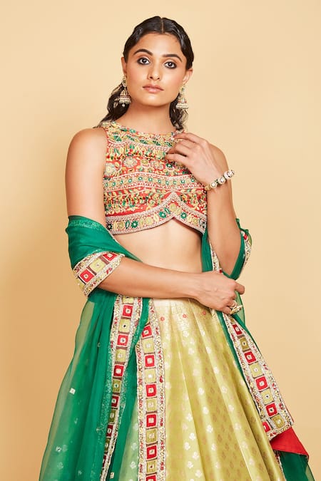 Buy_Amrin Khan_Green Lehenga Banarasi Silk Hand Embroidered Flower Blouse Set  _Online_at_Aza_Fashions