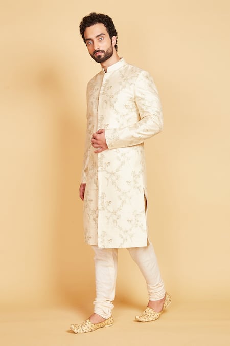 Amrin Khan_Cream Raw Silk Floral Zari Work Sherwani Set _Online_at_Aza_Fashions