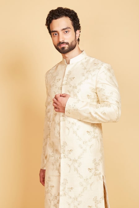Buy_Amrin Khan_Cream Raw Silk Floral Zari Work Sherwani Set _Online_at_Aza_Fashions