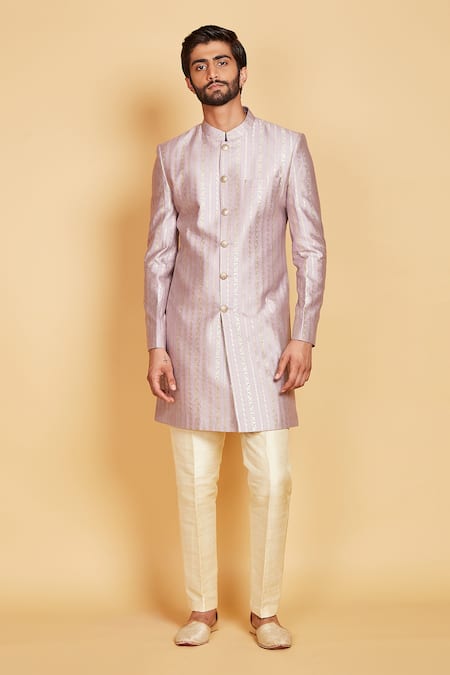 Amrin Khan Purple Pant , Sherwani Munga Floral Stripe Pattern Set Online at Aza Fashions Amrin Khan_Purple Pant , Sherwani Munga Floral Stripe Pattern Set _Online_at_Aza_Fashions