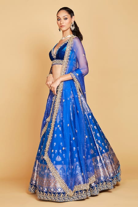 Amrin Khan_Blue Blouse Velvet, Lehenga Organza And Banarasi Floral Pattern Bridal Set _Online_at_Aza_Fashions