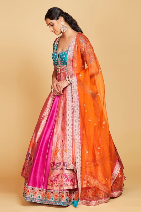 Amrin Khan_Pink Jacket Banarasi Silk Hand Embroidered Kalidar Lehenga Set  _Online_at_Aza_Fashions
