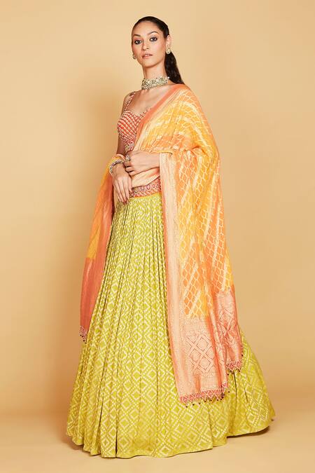 Amrin Khan_Yellow Lehenga And Dupatta Pure Banarasi Georgette Diamond Pattern Set  _Online_at_Aza_Fashions