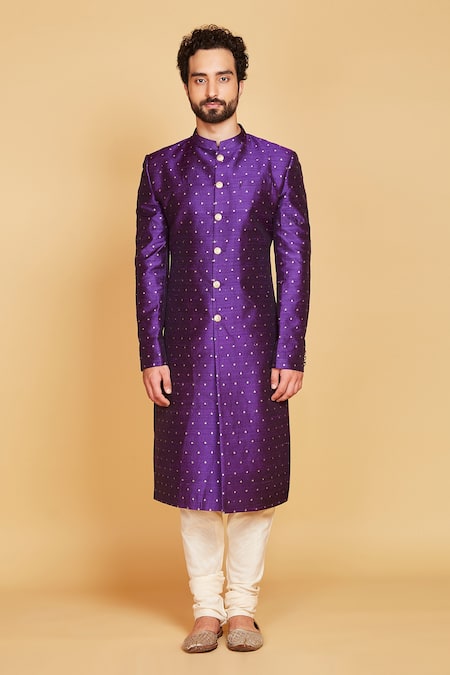 Amrin Khan Purple Raw Silk Sequin Embellished Sherwani Set Online at Aza Fashions Amrin Khan_Purple Raw Silk Sequin Embellished Sherwani Set _Online_at_Aza_Fashions