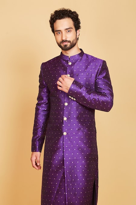 Buy Amrin Khan Purple Raw Silk Sequin Embellished Sherwani Set Online at Aza Fashions Buy_Amrin Khan_Purple Raw Silk Sequin Embellished Sherwani Set _Online_at_Aza_Fashions