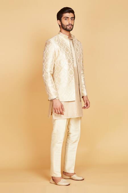 Amrin Khan_Gold Jacket Banarasi, Kurta Munga , Pant Woven Work And Set _Online_at_Aza_Fashions