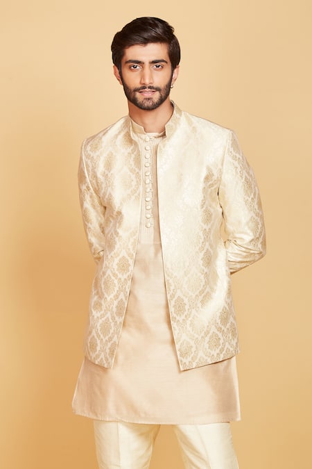 Buy_Amrin Khan_Gold Jacket Banarasi, Kurta Munga , Pant Woven Work And Set _Online_at_Aza_Fashions