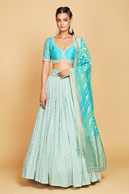 Amrin Khan_Blue Lehenga And Dupatta Pure Banarasi Georgette Glass Pearls Set  _Online_at_Aza_Fashions