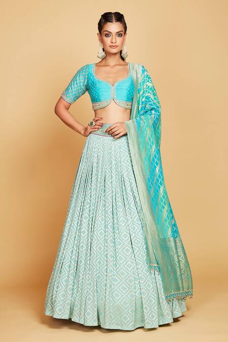 Buy_Amrin Khan_Blue Lehenga And Dupatta Pure Banarasi Georgette Glass Pearls Set  _Online_at_Aza_Fashions
