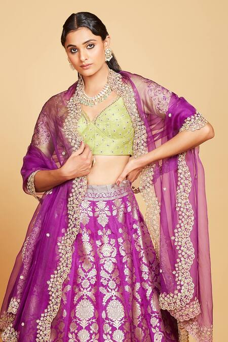 Amrin Khan_Purple Lehenga Raw Silk Hand Embroidered Flower Mandala Pattern Set  _Online_at_Aza_Fashions