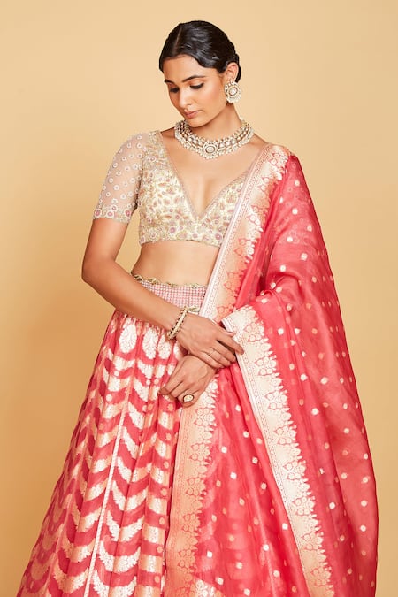 Buy_Amrin Khan_Pink Lehenga Silk Banarasi Periwinkle Embellished Blouse Set  _Online_at_Aza_Fashions
