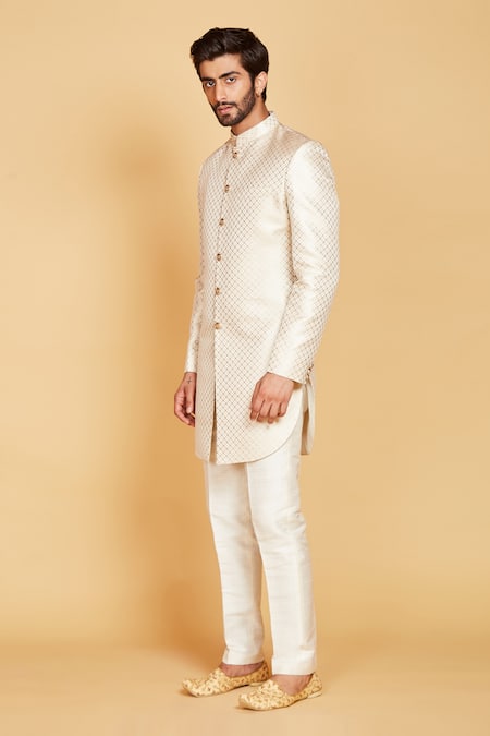 Amrin Khan Cream Sherwani Banarasi, Silk Pant Check Pattern Set Online at Aza Fashions Amrin Khan_Cream Sherwani Banarasi, Silk Pant Check Pattern Set _Online_at_Aza_Fashions