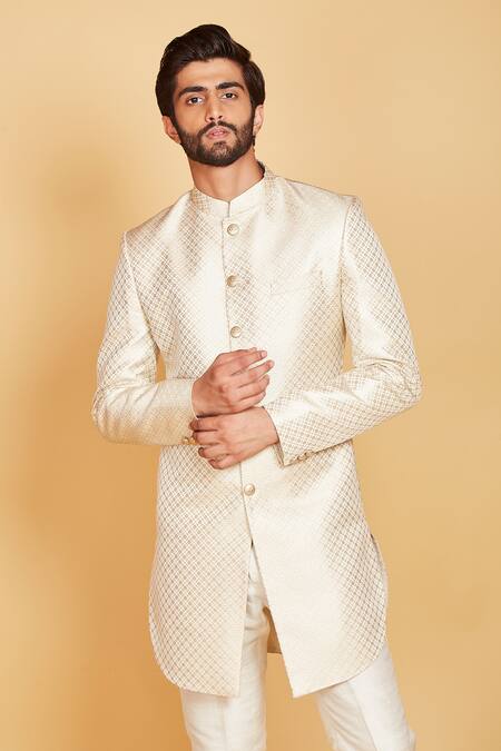 Buy Amrin Khan Cream Sherwani Banarasi, Silk Pant Check Pattern Set Online at Aza Fashions Buy_Amrin Khan_Cream Sherwani Banarasi, Silk Pant Check Pattern Set _Online_at_Aza_Fashions