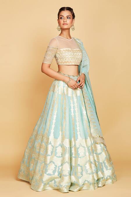 Amrin Khan_Blue Lehenga Silk Banarasi Organza Hand Floral Pattern Set  _Online_at_Aza_Fashions
