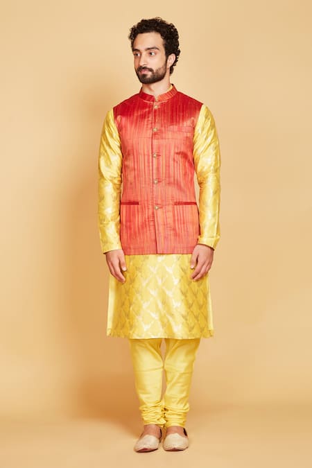 Amrin Khan Orange Jacket Raw Silk, Kurta Banarasi Floral, Stripe Pattern Bundi And Set Online at Aza Fashions Amrin Khan_Orange Jacket Raw Silk, Kurta Banarasi Floral, Stripe Pattern Bundi And Set _Online_at_Aza_Fashions