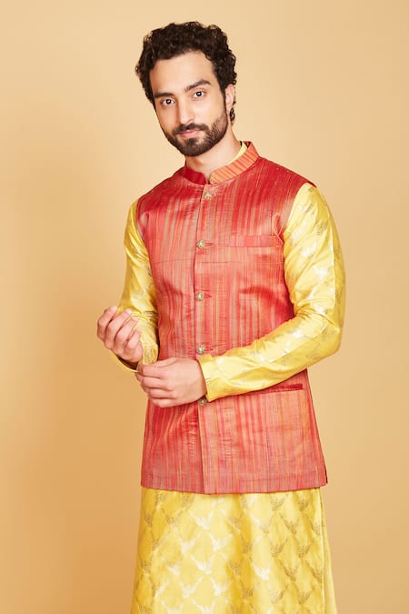 Buy Amrin Khan Orange Jacket Raw Silk, Kurta Banarasi Floral, Stripe Pattern Bundi And Set Online at Aza Fashions Buy_Amrin Khan_Orange Jacket Raw Silk, Kurta Banarasi Floral, Stripe Pattern Bundi And Set _Online_at_Aza_Fashions