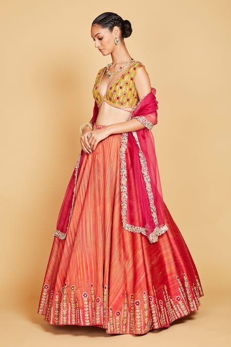 Amrin Khan_Yellow Lehenga Raw Silk Hand Embroidered Floral Plunge V Blouse Set  _Online_at_Aza_Fashions