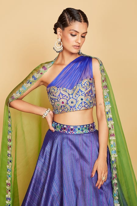 Amrin Khan_Blue Lehenga Raw Silk Hand Embroidered Cutdana One Shoulder Blouse Set _Online_at_Aza_Fashions