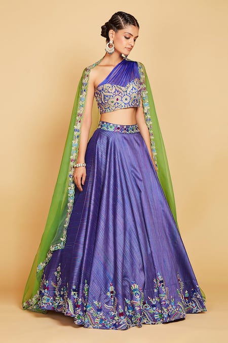 Buy_Amrin Khan_Blue Lehenga Raw Silk Hand Embroidered Cutdana One Shoulder Blouse Set _Online_at_Aza_Fashions