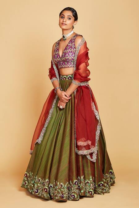 Amrin Khan_Purple Lehenga Raw Silk Hand Zardozi Flower Embellished Set  _Online_at_Aza_Fashions
