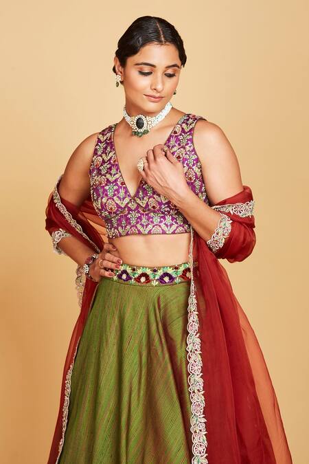 Buy_Amrin Khan_Purple Lehenga Raw Silk Hand Zardozi Flower Embellished Set  _Online_at_Aza_Fashions