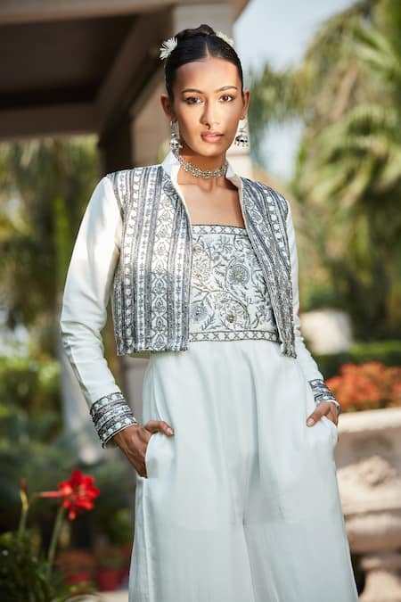 Buy_Bohame_Off White Silk Beads Collared, Lamya Hand Embroidered Jumpsuit With Jacket _Online_at_Aza_Fashions