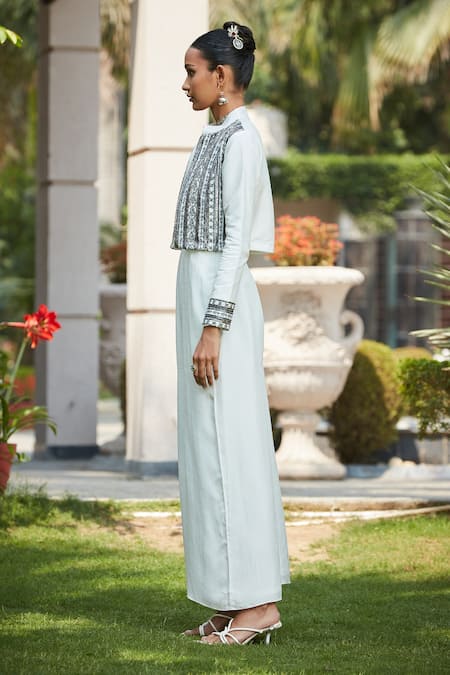 Shop_Bohame_Off White Silk Beads Collared, Lamya Hand Embroidered Jumpsuit With Jacket _Online_at_Aza_Fashions
