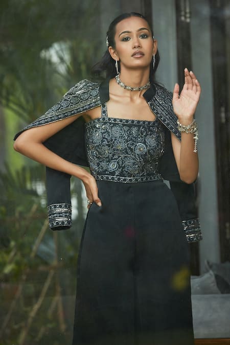 Bohame_Black Satin, Chiffon Beads Square Aaliyah Hand Embroidered Jumpsuit With Jacket _Online_at_Aza_Fashions