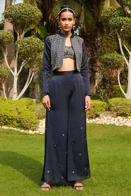 Shop_Bohame_Blue Satin, Chiffon Beads Naila Hand Embroidered Jacket Flared Pant Set _Online_at_Aza_Fashions
