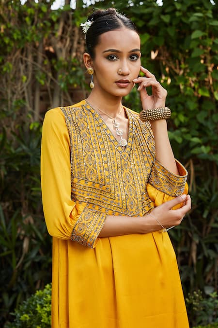Shop Bohame Yellow Satin, Chiffon Beads V-neck Nadia Hand Embroidered Kurta And Pant Set Online at Aza Fashions Shop_Bohame_Yellow Satin, Chiffon Beads V-neck Nadia Hand Embroidered Kurta And Pant Set _Online_at_Aza_Fashions