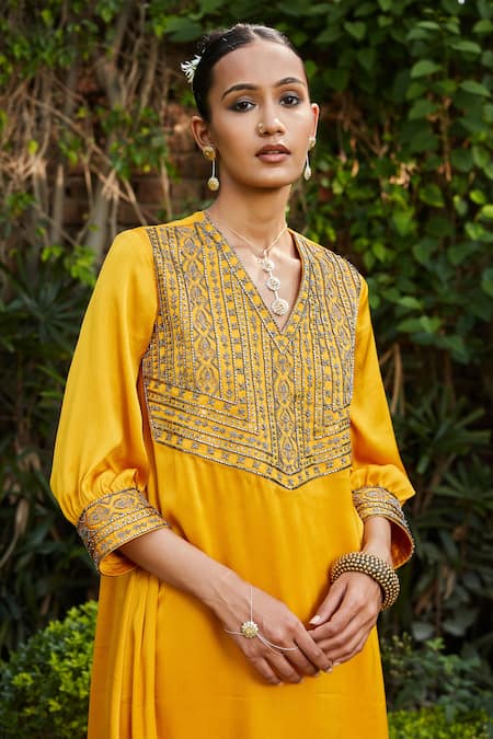 Bohame Yellow Satin, Chiffon Beads V-neck Nadia Hand Embroidered Kurta And Pant Set at Aza Fashions Bohame_Yellow Satin, Chiffon Beads V-neck Nadia Hand Embroidered Kurta And Pant Set _at_Aza_Fashions