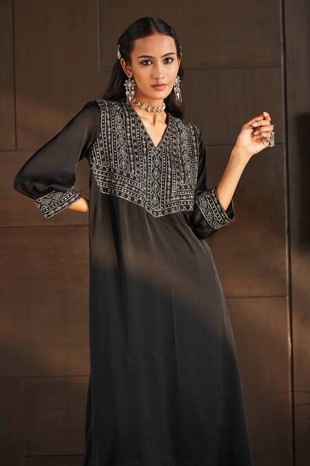 Bohame Black Satin, Chiffon Beads, Embroidery V-neck Mariam Hand Kurta And Pant Set Online at Aza Fashions Bohame_Black Satin, Chiffon Beads, Embroidery V-neck Mariam Hand Kurta And Pant Set _Online_at_Aza_Fashions