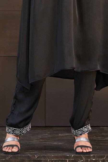 Buy Bohame Black Satin, Chiffon Beads, Embroidery V-neck Mariam Hand Kurta And Pant Set Online at Aza Fashions Buy_Bohame_Black Satin, Chiffon Beads, Embroidery V-neck Mariam Hand Kurta And Pant Set _Online_at_Aza_Fashions