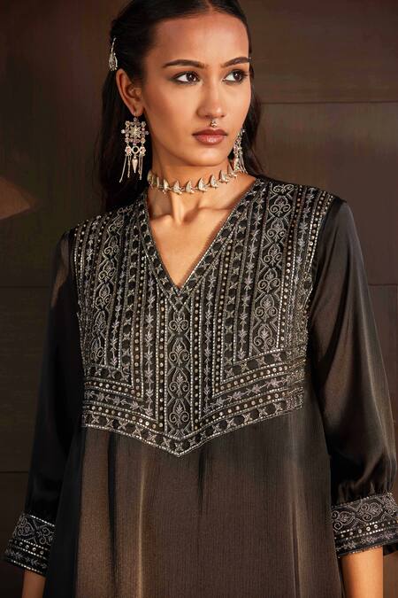 Bohame Black Satin, Chiffon Beads, Embroidery V-neck Mariam Hand Kurta And Pant Set at Aza Fashions Bohame_Black Satin, Chiffon Beads, Embroidery V-neck Mariam Hand Kurta And Pant Set _at_Aza_Fashions