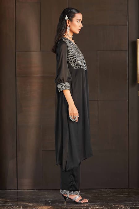 Buy Bohame Black Satin, Chiffon Beads, Embroidery V-neck Mariam Hand Kurta And Pant Set Buy_Bohame_Black Satin, Chiffon Beads, Embroidery V-neck Mariam Hand Kurta And Pant Set