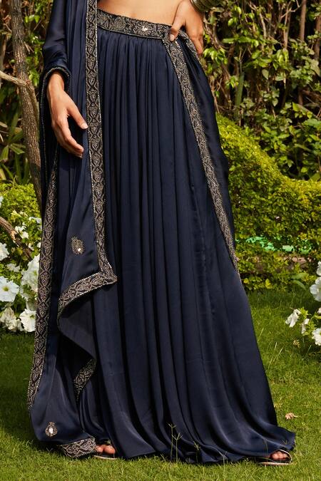 Bohame Blue Satin, Chiffon Beads V-neck Aida Border Embroidered Lehenga Set Online at Aza Fashions Bohame_Blue Satin, Chiffon Beads V-neck Aida Border Embroidered Lehenga Set _Online_at_Aza_Fashions