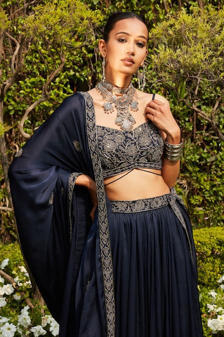 Buy Bohame Blue Satin, Chiffon Beads V-neck Aida Border Embroidered Lehenga Set Online at Aza Fashions Buy_Bohame_Blue Satin, Chiffon Beads V-neck Aida Border Embroidered Lehenga Set _Online_at_Aza_Fashions