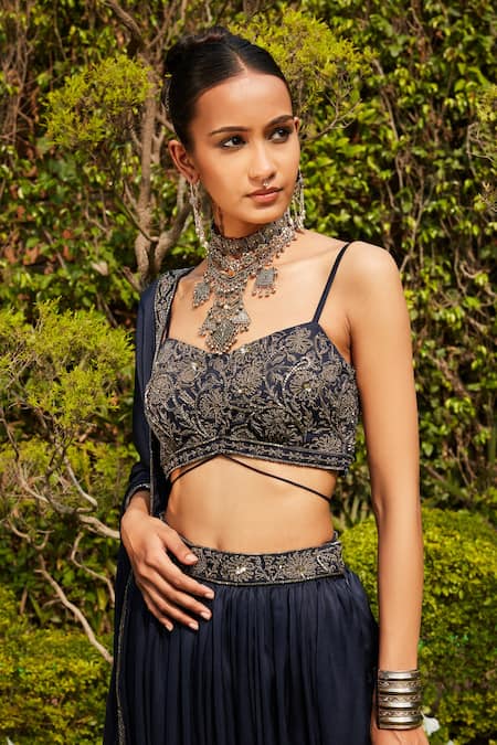Shop Bohame Blue Satin, Chiffon Beads V-neck Aida Border Embroidered Lehenga Set Online at Aza Fashions Shop_Bohame_Blue Satin, Chiffon Beads V-neck Aida Border Embroidered Lehenga Set _Online_at_Aza_Fashions