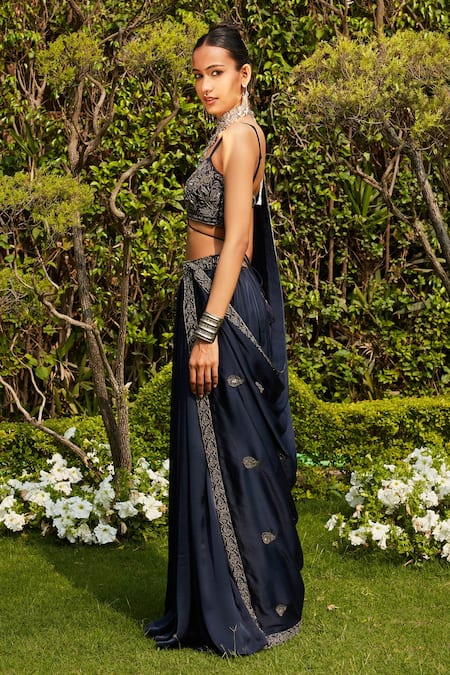 Bohame Blue Satin, Chiffon Beads V-neck Aida Border Embroidered Lehenga Set at Aza Fashions Bohame_Blue Satin, Chiffon Beads V-neck Aida Border Embroidered Lehenga Set _at_Aza_Fashions