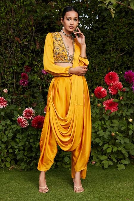 Buy_Bohame_Yellow Satin, Chiffon Beads Anisa Pre-draped Concept Pant Saree With Blouse _Online_at_Aza_Fashions