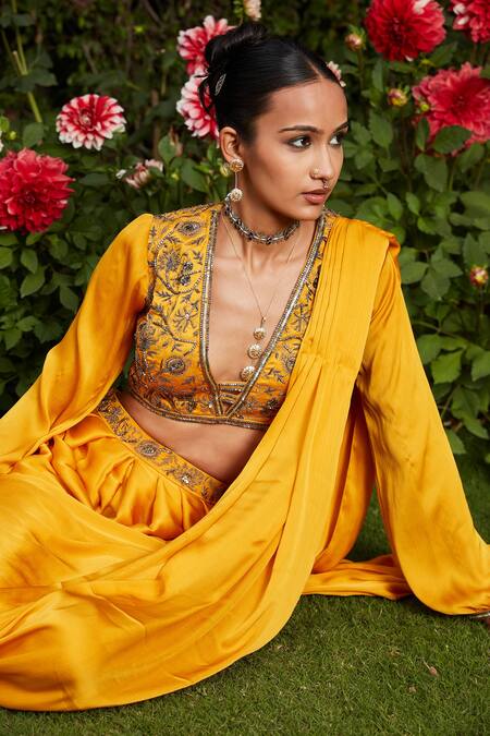 Shop_Bohame_Yellow Satin, Chiffon Beads Anisa Pre-draped Concept Pant Saree With Blouse _Online_at_Aza_Fashions