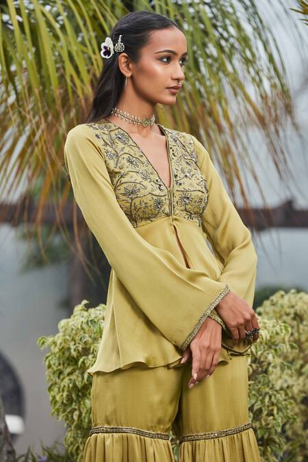 Buy Bohame Green Satin, Chiffon Beads Plunge Aziza Hand Embroidered Top And Sharara Pant Set Online at Aza Fashions Buy_Bohame_Green Satin, Chiffon Beads Plunge Aziza Hand Embroidered Top And Sharara Pant Set _Online_at_Aza_Fashions