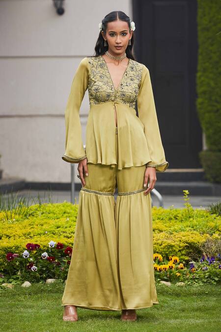 Shop Bohame Green Satin, Chiffon Beads Plunge Aziza Hand Embroidered Top And Sharara Pant Set Online at Aza Fashions Shop_Bohame_Green Satin, Chiffon Beads Plunge Aziza Hand Embroidered Top And Sharara Pant Set _Online_at_Aza_Fashions