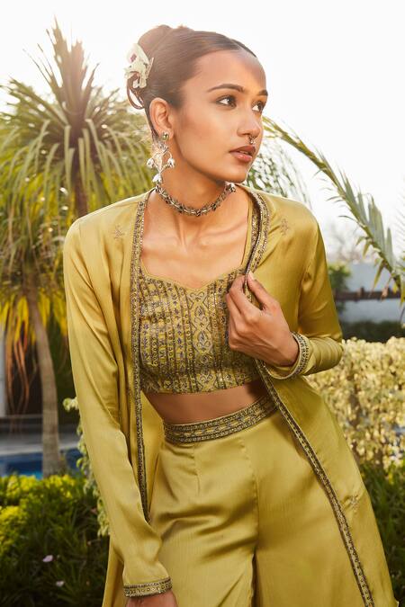 Bohame Green Satin, Chiffon Beads Sweetheart Neck Yara Cape Pant Set at Aza Fashions Bohame_Green Satin, Chiffon Beads Sweetheart Neck Yara Cape Pant Set _at_Aza_Fashions