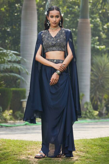 Buy_Bohame_Blue Satin, Chiffon Cut Work V-neck Nermin Cutdana Embellished Cape Skirt Set _Online_at_Aza_Fashions