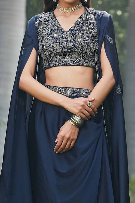 Shop_Bohame_Blue Satin, Chiffon Cut Work V-neck Nermin Cutdana Embellished Cape Skirt Set _Online_at_Aza_Fashions