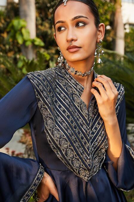 Bohame_Blue Satin, Chiffon Cut Work, Zahrah Embellished Peplum Top With Flared Pant _Online_at_Aza_Fashions